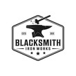 Blacksmith anvil badge vintage logo. Iron works, metal works retro hipster logo