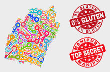 Security Manipur State Map And Seals. Red Rounded Top Secret And 0% Gluten Distress Seals. Bright Manipur State Map Mosaic Of Different Privacy Elements. Vector Composition For Security Purposes.