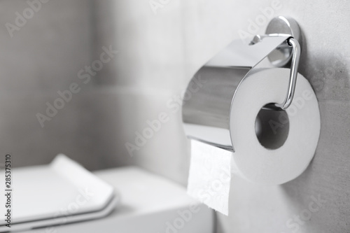 Cuadros en Lienzo Roll of white toilet paper hanging on metal toilet-paper holder at restroom