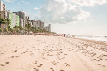Recife, Boa Viagem Beach, Pernambuco, Brazil - June, 2019: Blue Sky Day At The Beach Early In The Morning.