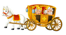 Cartoon Carriage With King And Queen - Transportation Isolated On White Background Illustration For Children