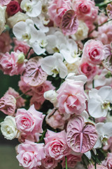 Blooming decoration of wedding arch of pastel orchid, rose and anthurium flowers. Pink and coral colors. Floral concept.