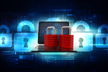 Poster - 3d illustration Safety concept: Closed Padlock with laptop on digital background