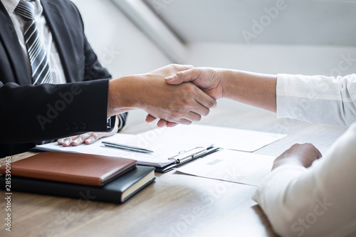 Fotomural Successful job interview, Image of Boss employer committee or recruiter in suit