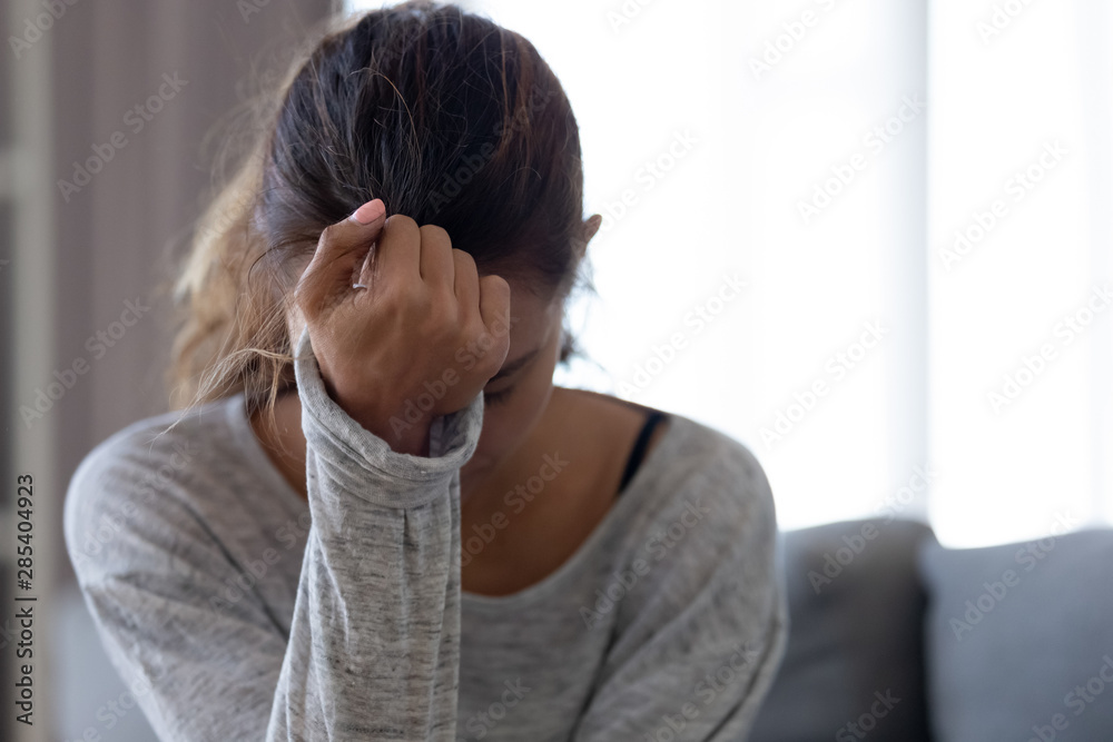 Depressed upset woman feeling hurt sad stressed troubled with problem - obrazy, fototapety, plakaty 