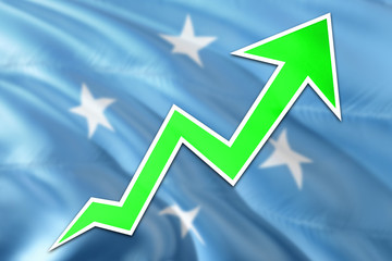 Micronesia economy graph is indicating positive growth, green arrow going up with trend line. Business concept on national background.