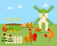 Funny Cartoon Chicken, Hen And Rooster In Various Poses, Vector Illustration With Green Rural Background And Windmill. Cute Funny Chicken Running, Standing, Sitting, With Eggs