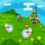 Fototapeta Pokój dzieciecy - Shepherd with gun and dog herding flock of white sheeps cartoon vector illustration. Man breeding sheep wool. Field farmland countryside landscape with shepherd and sheeps.