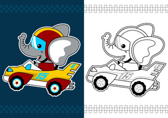 Wall Mural - elephant on racing car, vector cartoon. Coloring page or book