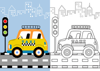 Wall Mural - vector cartoon of taxi in the road. Coloring page or book