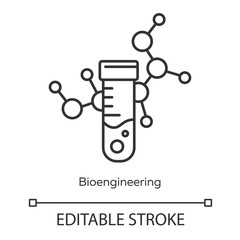 Sticker - Bioengineering linear icon. Biological engineering. Test tube and molecule. Biochemistry, biotechnology. Thin line illustration. Contour symbol. Vector isolated outline drawing. Editable stroke