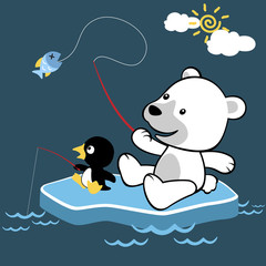 Wall Mural - fishing time with cute polar bear and little penguin, vector cartoon illustration