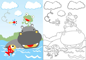 Wall Mural - hippo with little friends playing water, vector cartoon, coloring page or book