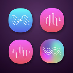 Wall Mural - Sound waves app icons set. Audio waves. Sound recording. Music rhythm logotype. Soundwave, digital waveform frequency. UI/UX user interface. Web or mobile applications. Vector isolated illustrations