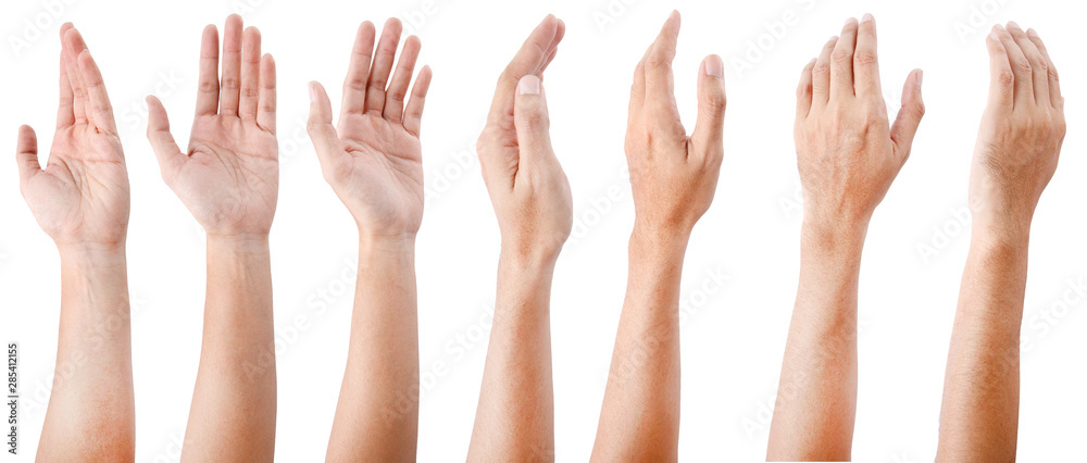 GROUP of Male asian hand gestures isolated over the white background. - obrazy, fototapety, plakaty 
