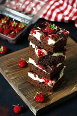 Wall Mural - Brownies tower with cottage cheesecake and raspberries