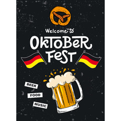 Wall Mural - Lettering Oktoberfest. German beer festival in Munich. Concept design for poster. with mug of beer, pretzel. Template in style flat vector illustration for flyer.