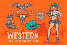 Wild West Style Font With Pretty Cowgirl Illustration With A Gun.