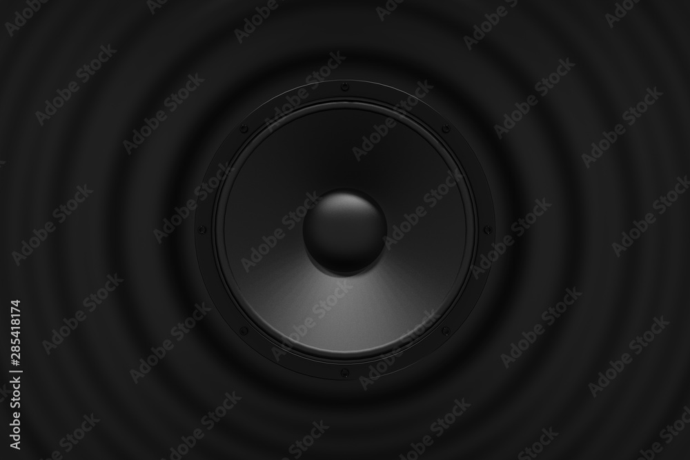 abstract sound speaker with dynamic bass waves - 3D Illustration - obrazy, fototapety, plakaty 