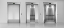 Modern Passenger Or Cargo Elevators, Lifts With Closed, Opened And Half Closed, Metallic Cabins Doors, Floor Indicators Digits And Glossy Flooring In Empty Corridor 3d Realistic Vector Illustration
