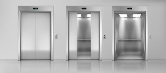 Modern passenger or cargo elevators, lifts with closed, opened and half closed, metallic cabins doors, floor indicators digits and glossy flooring in empty corridor 3d realistic vector illustration