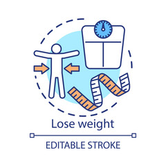 Lose weight concept icon. Vegetarian nutrition benefits idea thin line illustration. Calories burn, healthy lifestyle. Measuring tape and scales vector isolated outline drawing. Editable stroke