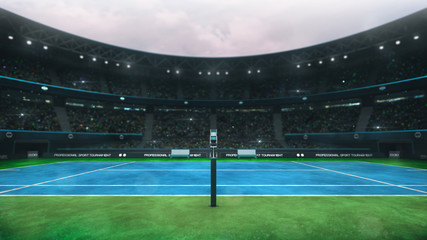 Wall Mural - blue and green tennis court stadium with fans at daytime, referee's side view, professional tennis sport 3D illustration background