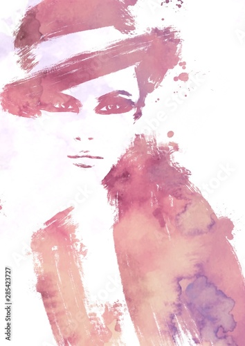 watercolor fashion illustration of woman face with hat