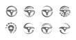 Automobile steering wheels, set of abstract icons, logo template for car service, auto repair shop emblems, tire fitting symbols, racing competitions and tuning studios logotype collection.