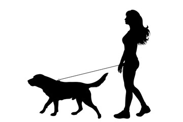 Wall Mural - Vector silhouette of woman who walk with her dog with leash on white background. Symbol of animal, pet, friends,walk.