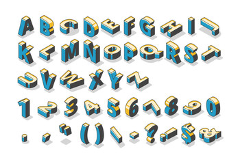 Fototapete - Isometric alphabet, numbers and punctuation marks, abc uppercase letters, typography standing and lying in row on white background. 3d elements, signs, symbols. Vector illustration in line art style