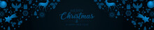 Christmas Banner - Light Blue Christmas Icons With Polygon Elements And Typography On A Dark Background