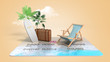 © nosorogua - vacation savings concept payment of vouchers by card chaise lounge suitcase and palm trees stand on a credit card 3d render on color gradient