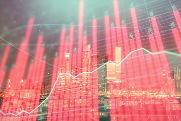 Double exposure of financial chart on Moscow city downtown background. Concept of stock market analysis