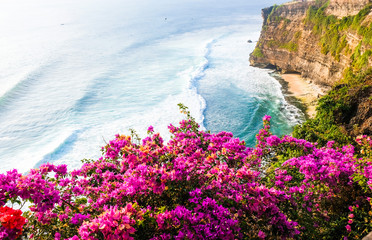 Seascape, ocean at sunset. Flowers on ocean landscape background near Uluwatu temple at sunset, Bali, Indonesia.