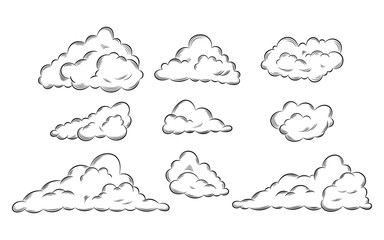 Collection hand drawn doodle style clouds. Black line clouds icon set