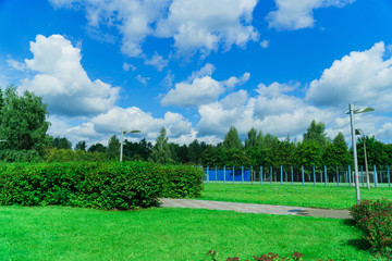 Wall Mural - summer green park without people with blue sky and white clouds