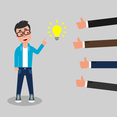 Wall Mural - Young man employee finger pointing at the idea symbol while businessmen show thumbs up sign. Positive feedback concept. Being Successful with good and innovative idea. Funding project.Vector,flat 