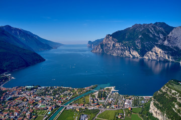 Panorama of Lake Garda surrounded by mountains in Riva del Garda, Italy. Lake Garda Italy. Aerial view