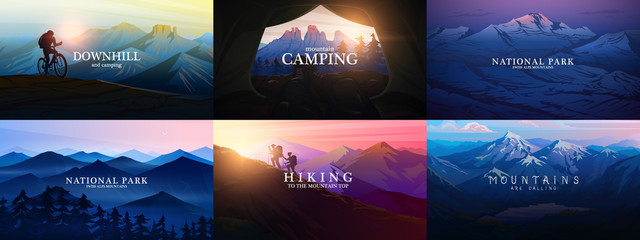 set of layered mountains for poster. dark blue landscape and sunset. hiking and camping concept. fog