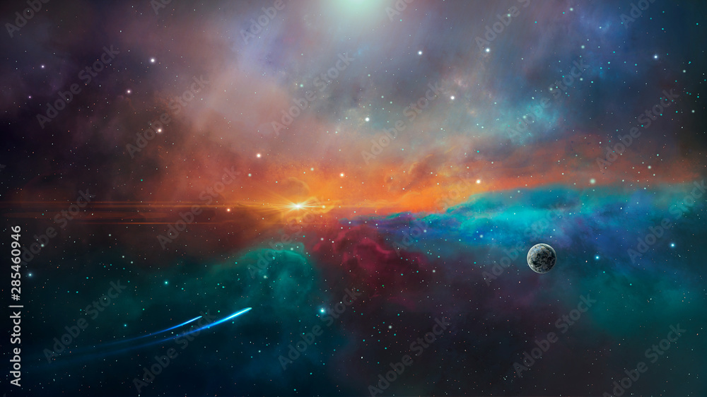 Space scene. Colorful nebula with planet and two trail. Elements furnished by NASA. 3D rendering - obrazy, fototapety, plakaty 
