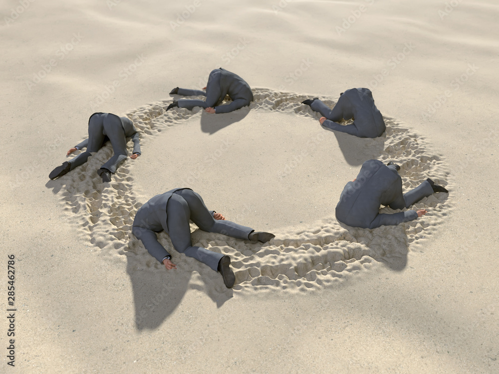 group of businessmen hides their heads in the sand - obrazy, fototapety, plakaty 
