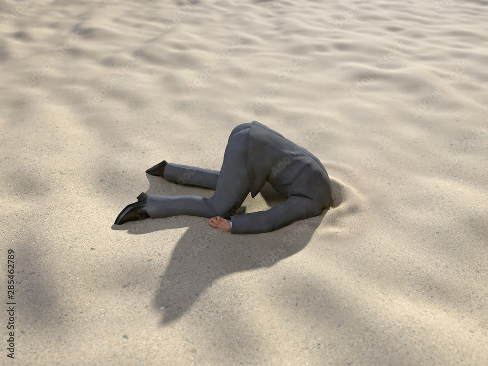 businessman hiding his head in the sand - obrazy, fototapety, plakaty 