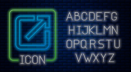 Poster - Glowing neon Open in new window icon isolated on brick wall background. Open another tab button sign. Browser frame symbol. External link sign. Neon light alphabet. Vector Illustration