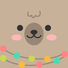 Wall Mural - Llama, cute baby alpaca face vector illustration background. Square brown llama animal head with pom pom necklace.