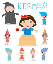 Snow White And The Seven Dwarfs, Snow White, Princess And Dwarfs And Witch, Vector Illustration.