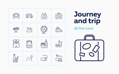 Aufkleber - Journey and trip icons. Set of line icons. Snack, route, transportation. Adventure concept. Vector illustration can be used for topics like hiking, travel, vacation