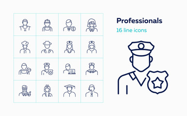 Professionals line icon set. Doctor, sportsman, policeman. Occupation concept. Can be used for topics like work, vocation, expertise