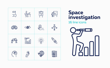 Poster - Space investigation icons. Set of line icons on white background. Rocket, science, spaceship. Can be used for topics like space, science