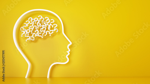 Fotografía Big head with question marks inside brain on a yellow background